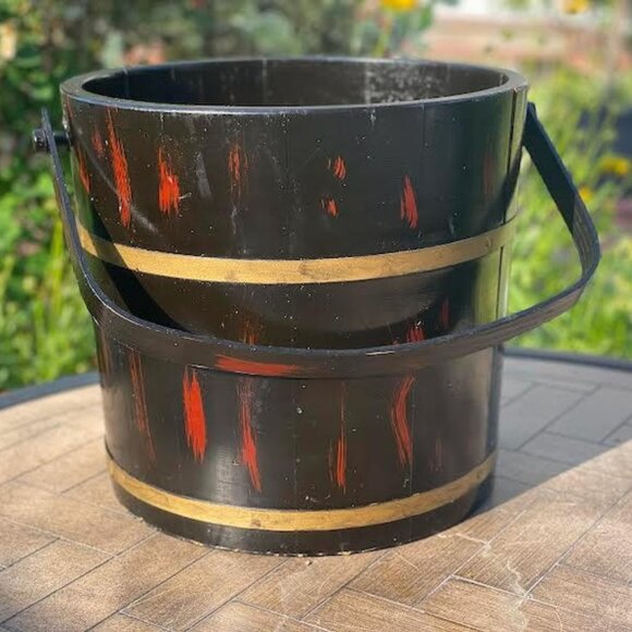 Other - Vintage Large Wooden Bucket Wood Firkin with Handle and Metal Bands Unique Count